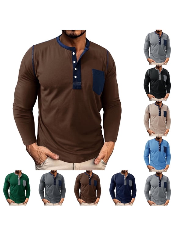 Long Sleeve T-Shirts for Men Button V Neck Henley Shirts Trendy Fall Patchwork Tops with Chest Pocket