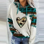 Eiyaclvo Long Sleeve Tops for Women Hoodies Sweatshirts Drawstring Ethnic Print Comfy Kangaroo Pocket Pullover Tops