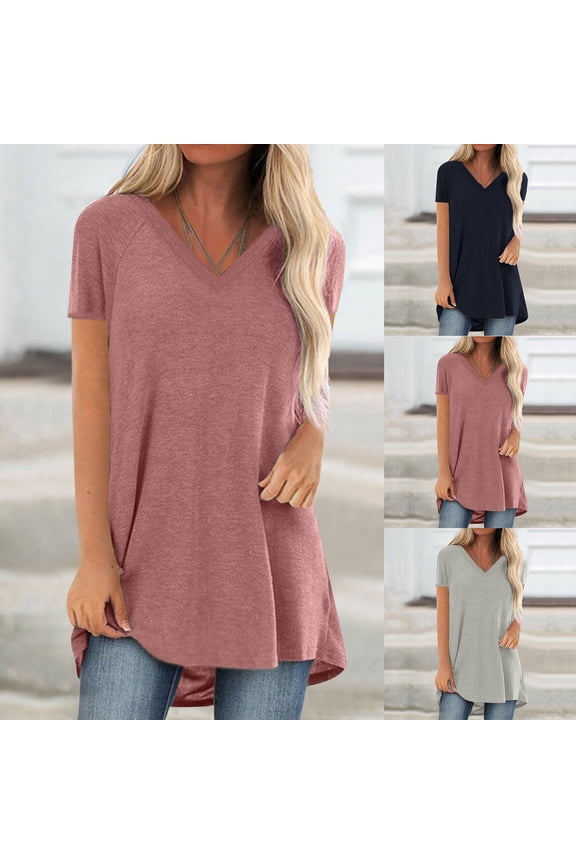 Long Tunic Tops for Women Summer Short Sleeve Crew Neck T Shirt Solid Basic Tees Loose Fit Comfy Casual T-Shirt