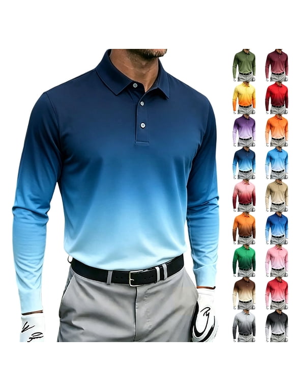 Men's Long Sleeve Golf Shirts Gradient Casual Button V Neck Collar Shirt Casual Work Tops