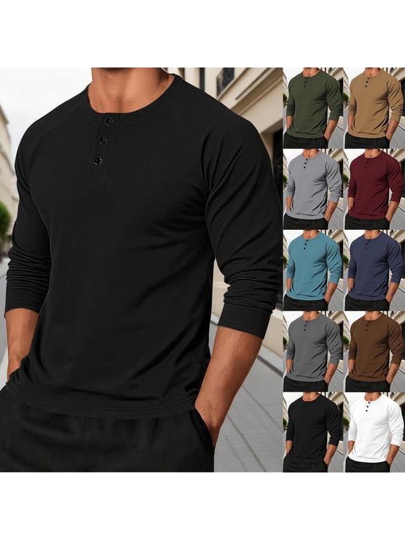 Men's Long Sleeve Henley Shirts Raglan Tops Fall Button Crew Neck Casual Lightweight Work Blouses