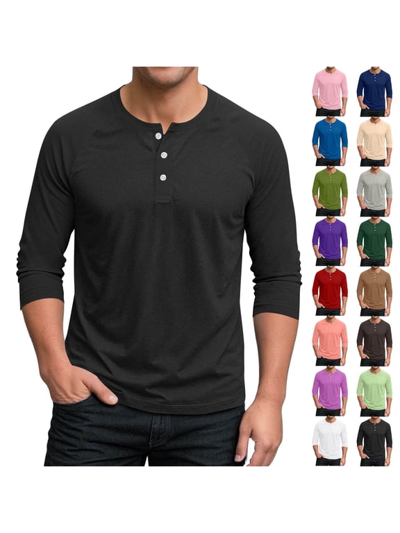 Mens 3/4 Sleeve T Shirts Henley Shirt Casual Crew Neck Basic Tee Solid Lightweight Work Tops