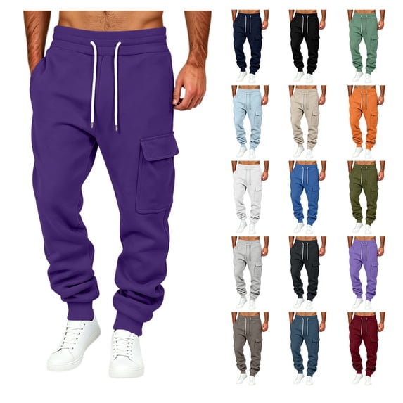 Eiyaclvo Mens Cargo Sweatpants Drawstring Elastic Waist Casual Cargo Joggers Pants Tapered Workout Running Gym Hiking Fleece Jogger Sweatpant with Multi Pockets