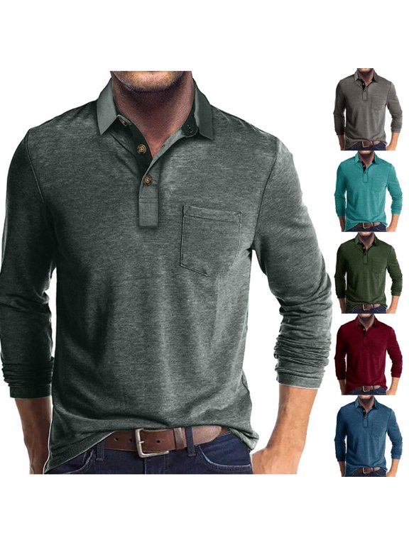 Mens Long Sleeve Henley Shirts Casual Collar V Neck Button T-Shirt Solid Loose Lightweight Work Tops