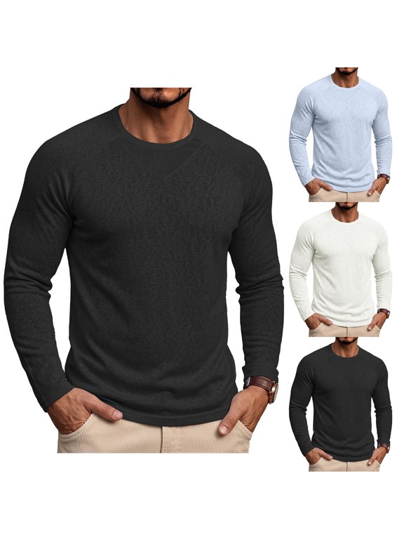 Mens Long Sleeve Shirts Crew Neck T-Shirt Casual Work Tops Solid Basic Tee Shirts