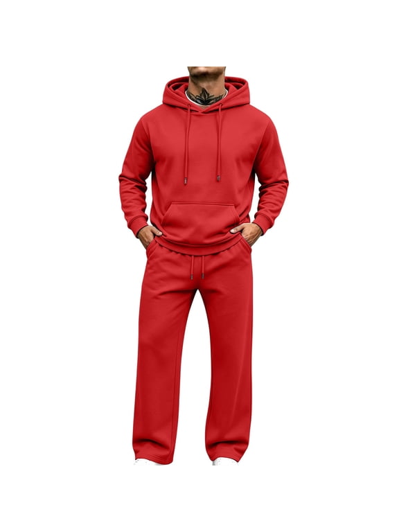 Mens Track Suits 2 Piece Set Fall Winter Long Sleeve Pullover Hoodies and Wide Leg Sweatpant Sweatsuit