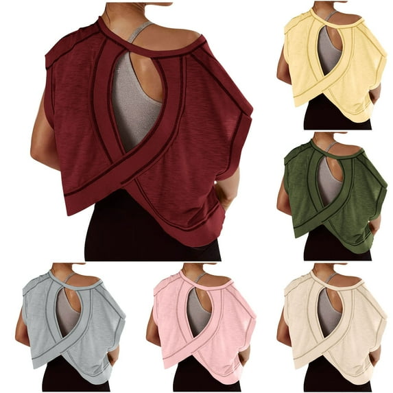 Eiyaclvo Open Back Tops for Women Backless Workout Short Sleeve Shirts Crewneck Criss Cross Cut Out y2k Tees Gym Yoga Athletic Tshirt