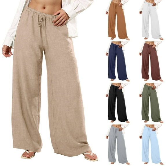 Eiyaclvo Palazzo Pants for Women Drawstring Elastic Waisted Wide Leg Pants Comfy Baggy Lounge Pants Loose Fit Summer Pants with Pockets