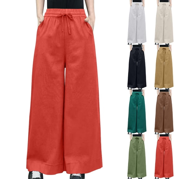 Eiyaclvo Palazzo Pants for Women Drawstring Elastic Waisted Wide Leg Pants Loose Fit Linen Trousers Comfy Summer Beach Pant with Pockets