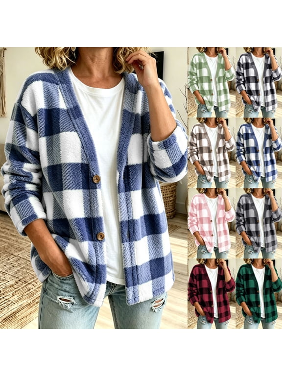 Plaid Fleece Cardigan for Women Open Front Long Sleeve Button Down Fuzzy Sherpa Jacket Fall Winter Soft Warm Cardigans Outerwear