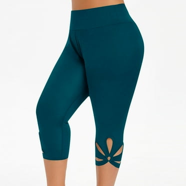 Eiyaclvo Plus Size Capris for Women Butt Lifting Leggings Stretch Yoga Pants Solid Color Cropped Beach Pants Hollow Out Leggings