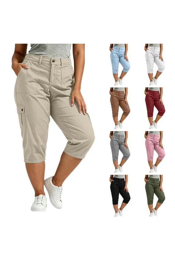Plus Size Cargo Capris for Women Summer Casual Button Zipper Closure Mid-Rise Chino Capri Pants Hiking Travel Outdoor Lightweight Cargo Cropped Pants