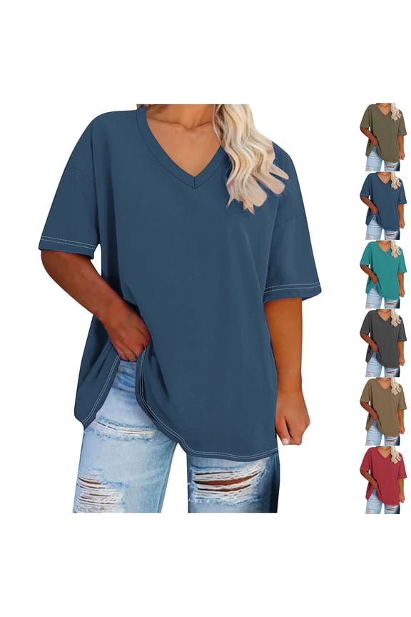 Plus Size Tops for Women V Neck Short Sleeve T Shirts Solid Basic Tees Loose Fit Comfy Top Casual Going Out Tshirts