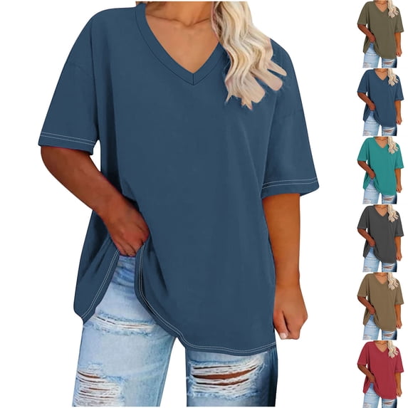 Eiyaclvo Plus Size Tops for Women V Neck Short Sleeve T Shirts Solid Basic Tees Loose Fit Comfy Top Casual Going Out Tshirts