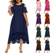 EIYACLVO Plus Size formal Dresses for Women Summer Cold Shoulder Short Sleeve Wedding Guest Dress Elegant Lace Patchwork Hem Evening Cocktail Midi Dresses Mother of Bride Dresses