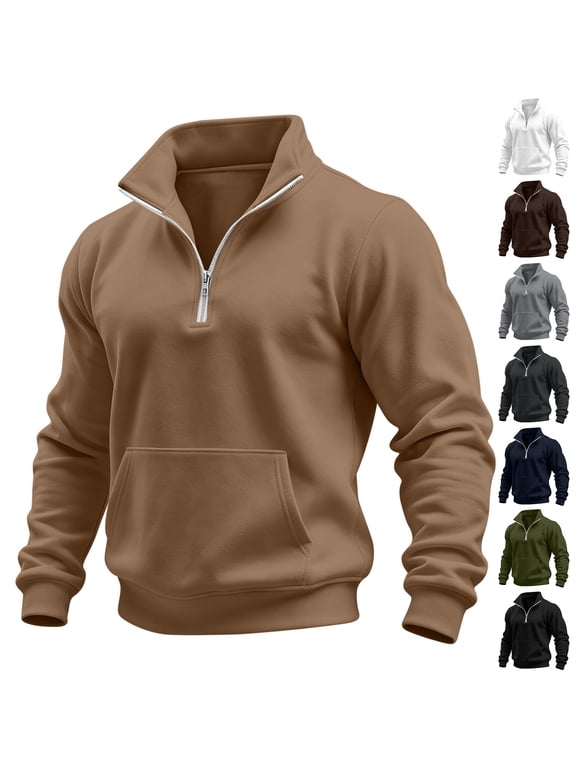 Quarter Zip Pullover for Men Fall Casual Sweatshirt 1/4 Zip Stand Collar Long Sleeve Lightweight Pullover Top with Pocket Brown XXL