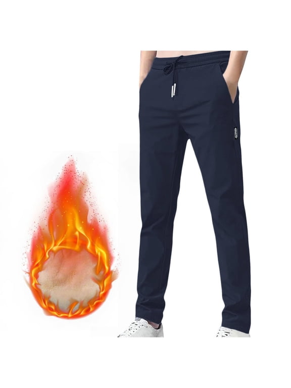 Sherpa Lined Pants for Men Winter Warm Fleece Lined Pant Straight Leg Drawstring Elastic Waist Thermal Hiking Trouser with Pockets