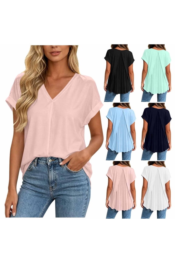 Short Sleeve Shirts for Women V Neck Pleated Back Trendy Blouses Dressy Casual Lightweight Summer Tunic Tops Pink S