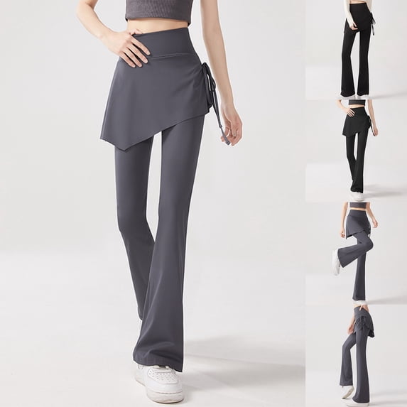 Eiyaclvo Skirted Flare Leggings for Women Stretchy High Waisted Yoga Pants Lightweight Outdoor Casual Bootcut Pants Gray L