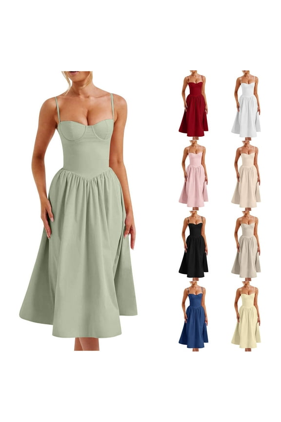 Spaghetti Strap Dresses for Women Summer Corset Lace Up Midi Dress Sleeveless A Line Party Cocktail Dress Flowy Beach Sundresses
