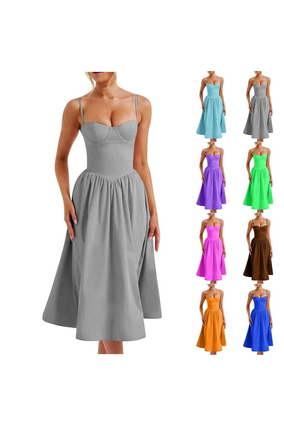 Spaghetti Strap Dresses for Women Summer Corset Lace Up Midi Dress Sleeveless A Line Party Dress Flowy Beach Sundresses