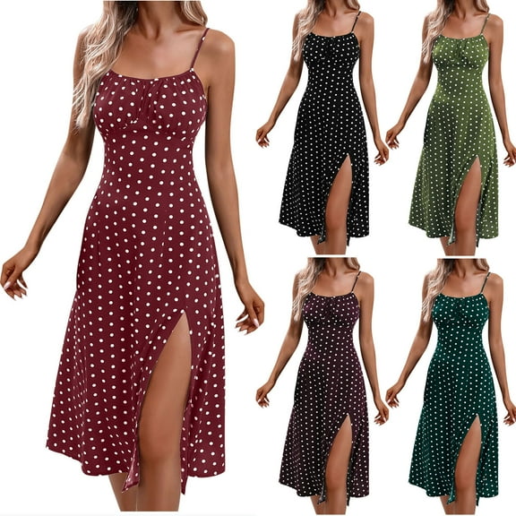 Eiyaclvo Spaghetti Strap Dresses for Women Summer Polka Dot Midi Dress Sleeveless Side Slit A Line Long Flowy Beach Sundress Corset Dress