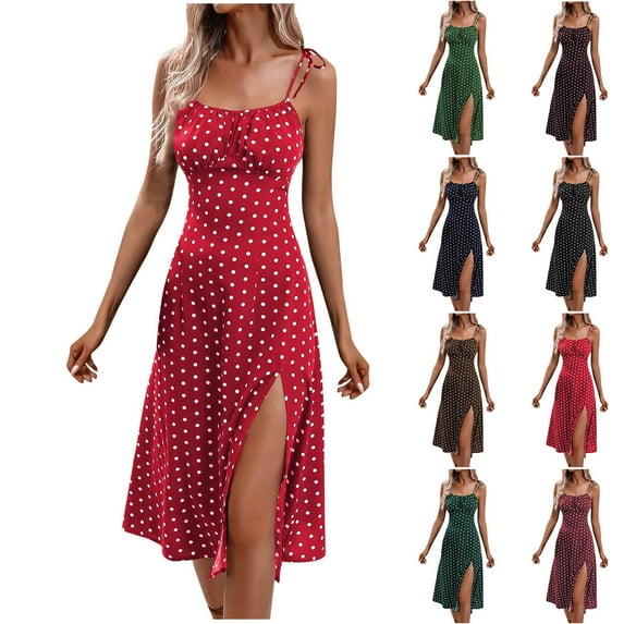 Eiyaclvo Spaghetti Strap Dresses for Women Summer Polka Dot Midi Dress Sleeveless Side Slit A Line Long Flowy Beach Sundress Corset Dress