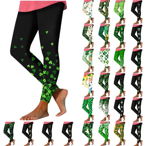 Eiyaclvo St Patrick's Day Leggings for Women High Waist Green Shamrock Print Yoga Pants Stretchy Tights Workout Running Leggings