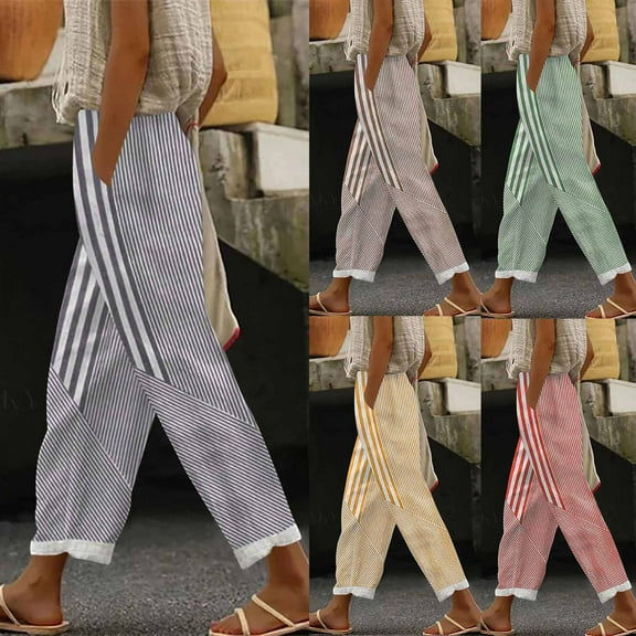 Eiyaclvo Stripe Pants for Women Casual Elastic Waisted Straight Leg Pants Loose Fit Summer Beach Trousers with Pockets