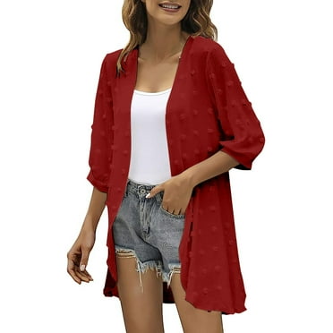 Eiyaclvo Summer Tops for Women 2024 Chiffon Open Front Solid Color Blouses Lightweight Dot Shirts Casual Loose Fit Cardigans