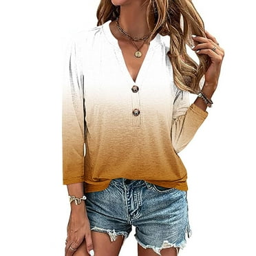 Eiyaclvo Summer Tops for Women 2025 Henley Neck Button 3/4 Sleeve Tops Gradient Tees Casual Loose Fit Tshirts Comfy Work Shirts