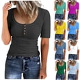 thumbnail image 1 of Eiyaclvo Summer Tops for Women Ribbed Knit Scoop Neck Button Short Sleeve T Shirts Slim Fitted Basic Tees Casual Solid Workout T-Shirt, 1 of 5