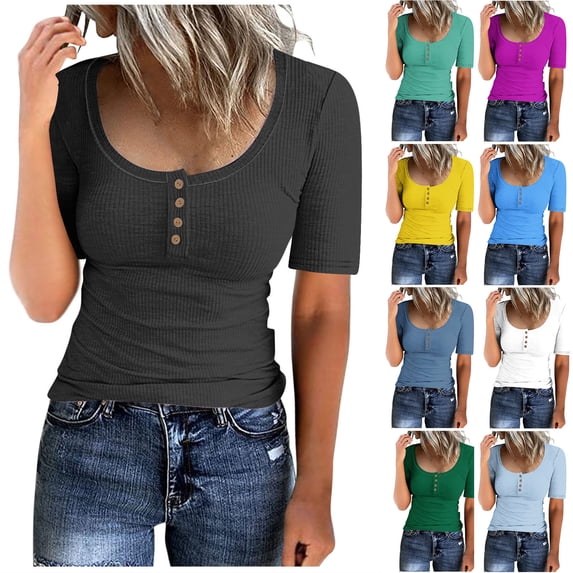 Eiyaclvo Summer Tops for Women Ribbed Knit Scoop Neck Button Short Sleeve T Shirts Slim Fitted Basic Tees Casual Solid Workout T-Shirt