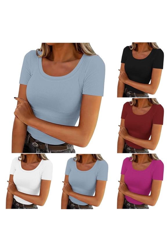 Summer Tops for Women Ribbed Knit Scoop Neck Short Sleeve T Shirts Slim Fitted Basic Tees Soft Comfy Solid Casual T-Shirts