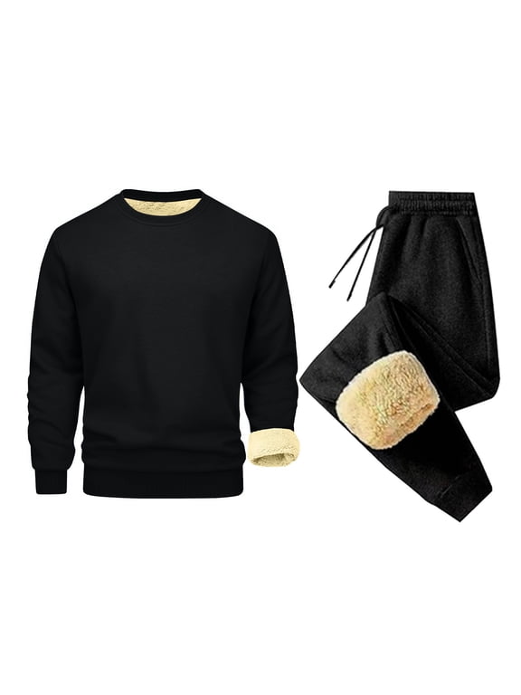 Sweatsuits Men 2 Piece Outfit Sherpa Lined Sweatshirts Pullover Tops and Fleece Lined Jogger Pants Winter Thermal Athletic Tracksuit