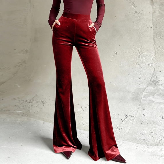 Eiyaclvo Velvet Pants for Women Elastic High Waisted Flare Leggings Vintage Bell Bottom Velour Pant Party Club Trousers with Pockets