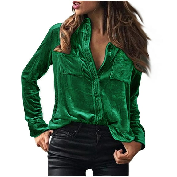 Eiyaclvo Velvet Tops for Women Long Sleeve Button Down Shirts Casual Solid Color Loose Fit Tops with Pockets Vintage Office Work Blouses