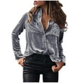 thumbnail image 1 of Eiyaclvo Velvet Tops for Women Long Sleeve Button Down Shirts Solid Color Tunic Tops with Pockets Dressy Casual Work Office Blouses, 1 of 8