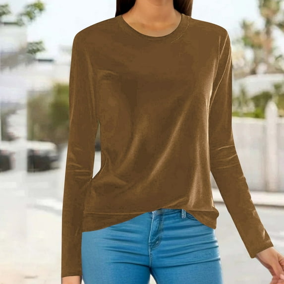 Eiyaclvo Velvet Tops for Women Long Sleeve Crew Neck Shirts Soft Casual Solid Color Blouses Fall Winter Shirts
