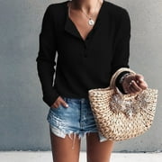 EIYACLVO Waffle Knit Tops for Women Long Sleeve Button Henley Shirts Fashion Solid Color V Neck Shirts Casual Loose Fit Blouses