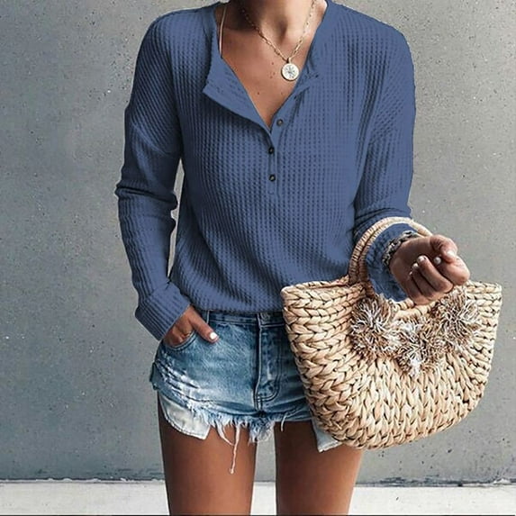 Eiyaclvo Waffle Knit Tops for Women Long Sleeve Button Henley Shirts Fashion Solid Color V Neck Shirts Casual Loose Fit Blouses
