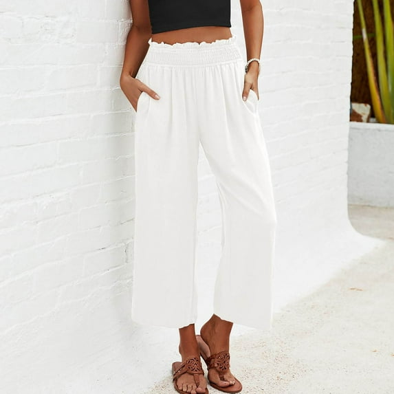 Eiyaclvo Wide Leg Capris for Women Solid Color Cotton Linen Cropped Sweatpants Straight Leg Pants with Pockets Elastic Waisted Pants