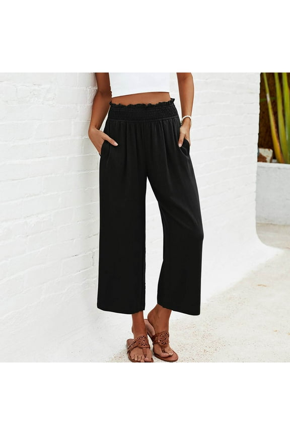Wide Leg Capris for Women Solid Color Cotton Linen Cropped Sweatpants Straight Leg Pants with Pockets Elastic Waisted Pants