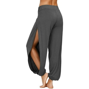 Eiyaclvo Wide Leg Pants for Women Side High Slit Sweatpants Hippie Harem Pants Elastic Waist Pants Bound Feet Solid Color Sweatpants