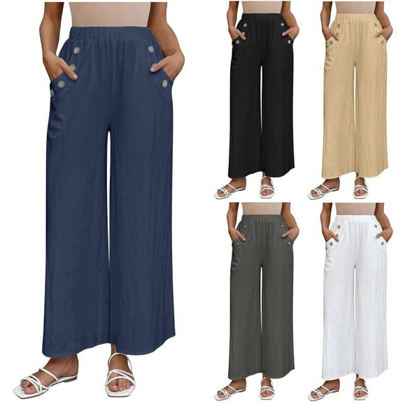 Eiyaclvo Wide Leg Pants for Womens Casual Elastic Waisted Palazzo Pants Loose Lightweight Lounge Pant Trendy Ladies Summer Trousers with Pockets