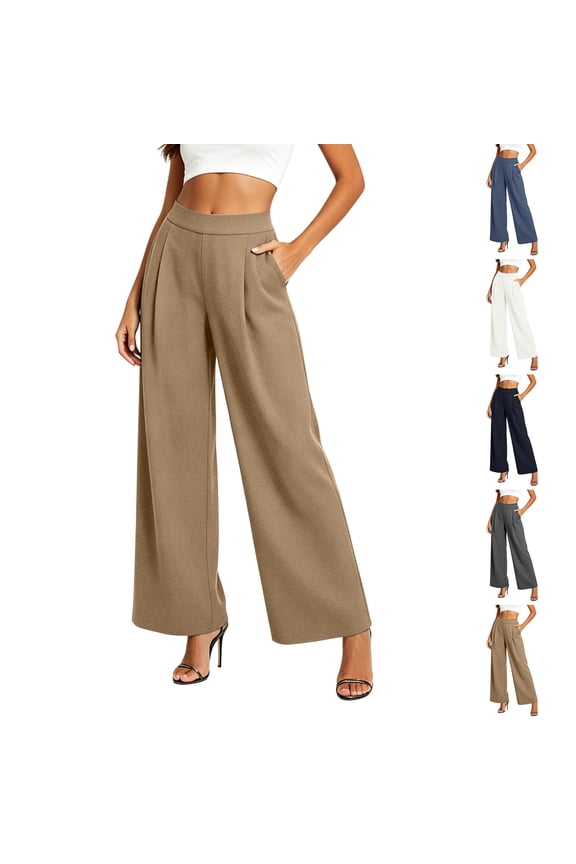 Wide Leg Work Pants for Women High Waist Stretchy Office Work Dress Pant Dressy Casual Loose Pull on Slacks Business Suit Pants with Pockets