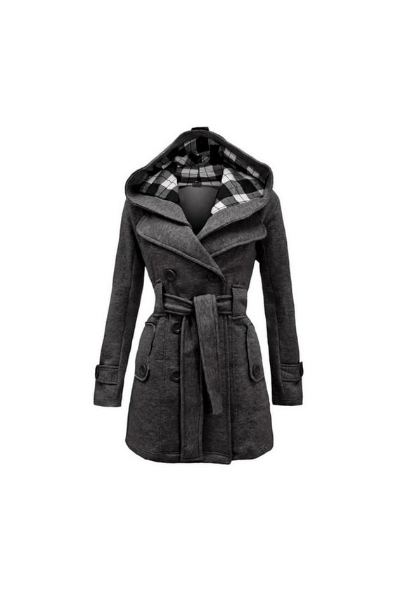 Winter Coats for Women 2025 Double Breasted Pea Coats Warm Wool Long Sleeve Jackets Hooded Plaid Outwear with Belt