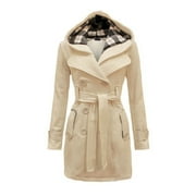 EIYACLVO Winter Coats for Women 2025 Double Breasted Pea Coats Warm Wool Long Sleeve Jackets Hooded Plaid Outwear with Belt