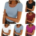 thumbnail image 1 of Eiyaclvo Women Short Sleeve Tops Scoop Neck Ribbed Knit T Shirt Slim Fitted Basic Tees Ladies Casual Solid Workout T-Shirts, 1 of 5