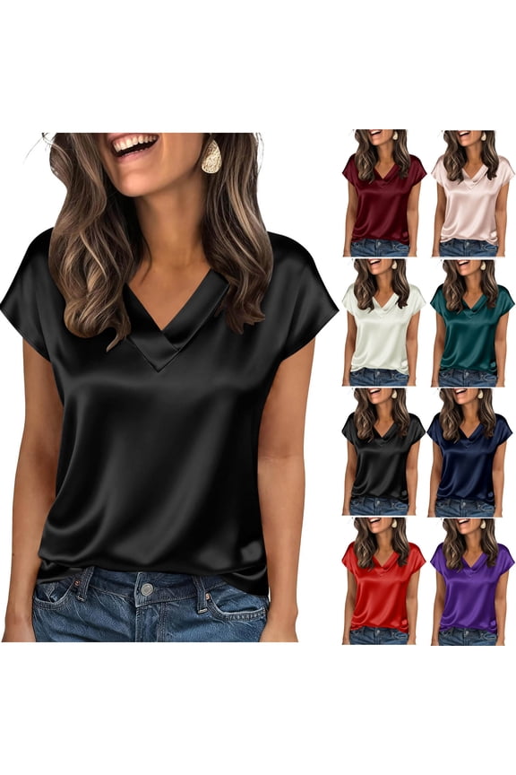 Women Silk Satin Tops Short Sleeve V Neck Shirts Summer Business Casual Blouse Solid Loose Tunic Top Ladies Work T-Shirts